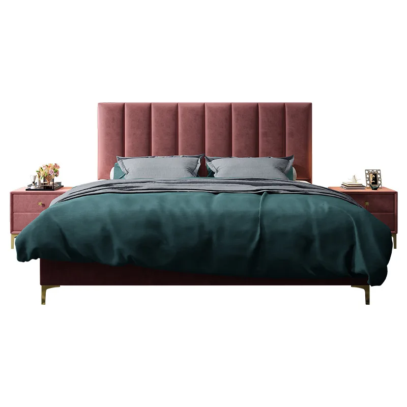 Foshan Factory Direct pink Queen Size Bedroom Furniture Set Velvet Fabric Bed with Storage for Hotel Home Apartment