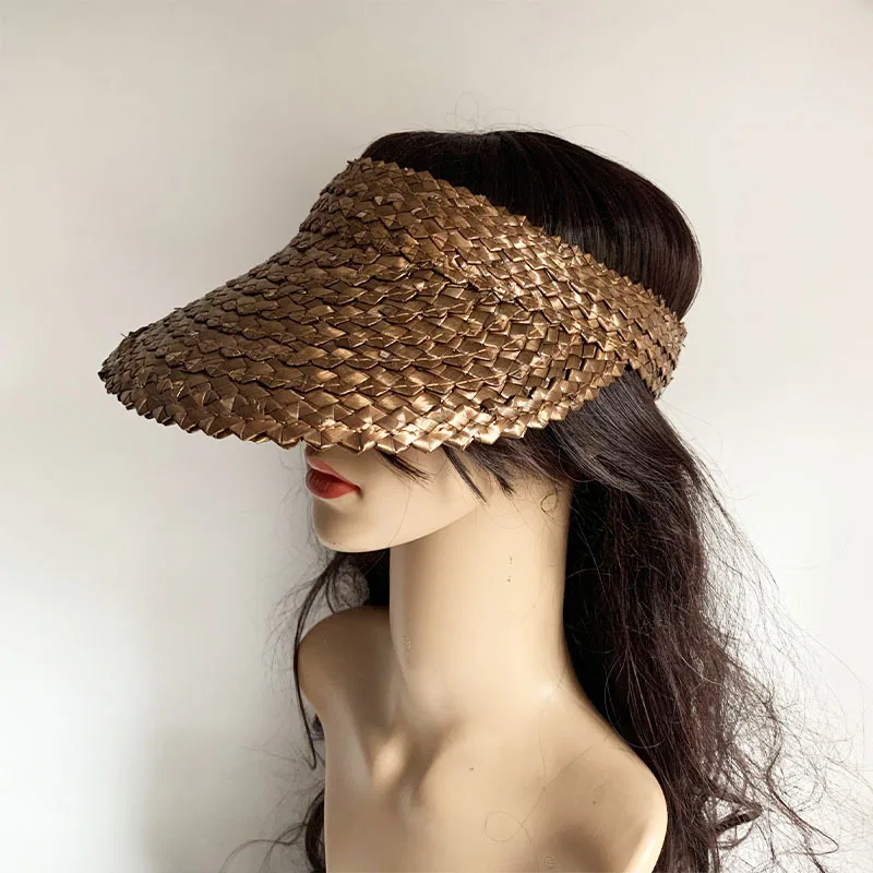 OEM Summer Beach Sunscreen Lady Sun Visor Hats Custom Embroidery Logo Women Handmade Raffia Empty Top Straw Hats