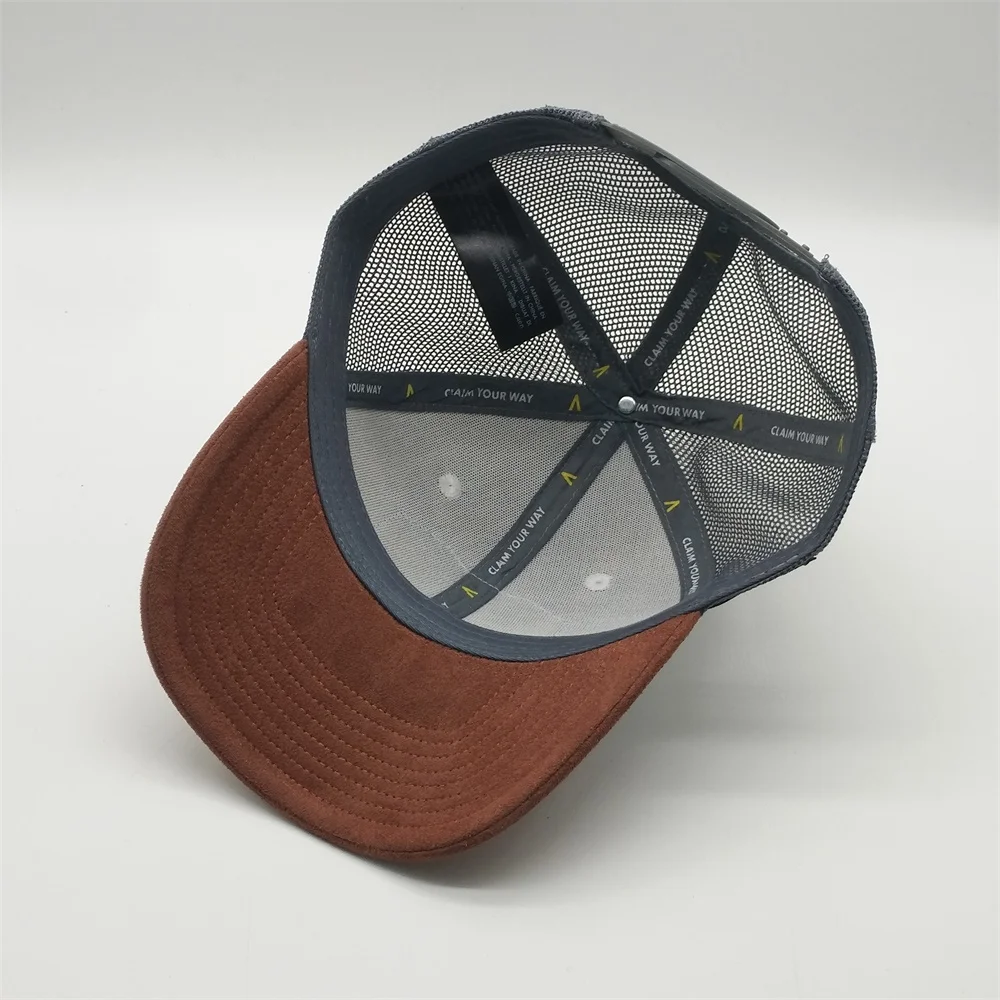 High Quality Mens Printed Embroidery Patch Suede 6 Panel Structured Mesh Trucker Hat Custom