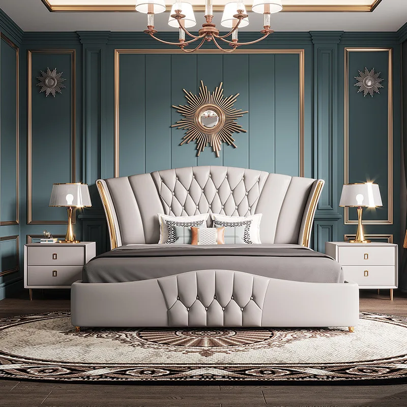 Royal modern furniture baby blue genuine leather double beds Italian luxury king size super big headboard leather sleeping bed