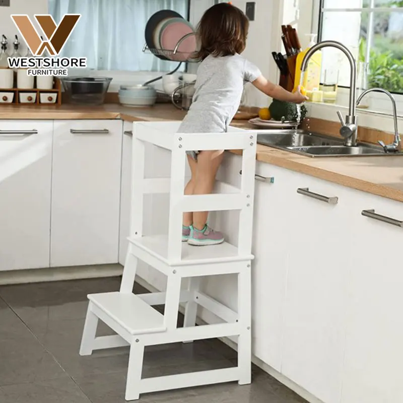 Wooden Montessori Kids Kitchen Step Stool For Kids With Safety Rail Solid Wood Construction Toddler Learning Stool Tower