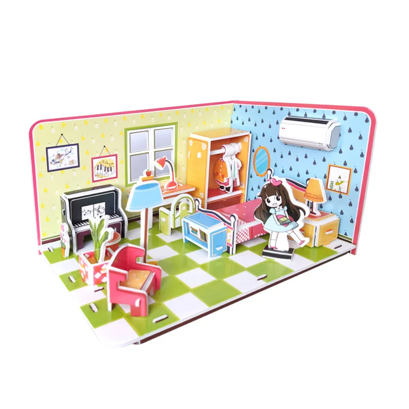 New Cheap 3d Paper Puzzle Dollhouse Kitchen House Style DIY Toy Puzzle For Kids