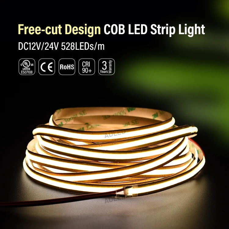 12V 10W Cob Strip Light Full Piece 16.4Ft Roll with 528Chips 5Years Warranty Low Heat Blue UL Listed Cri90 8Mm LED IP20 Rating