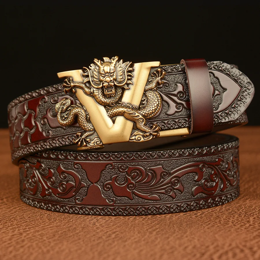 Wholesale Carved Dragon Slide Automatic Buckle Leather Pants Belt Cowboys Printed Cowhide Genuine Leather Hip Hop Belt for Men