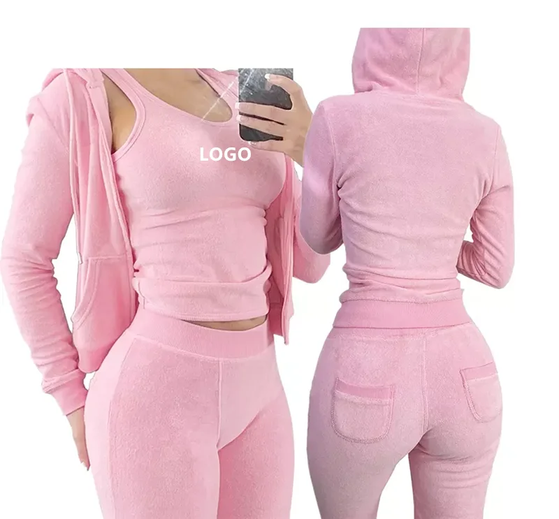 Aoyema Fall Loungewear Suit Solid Color Zip up Hoodie 3 Piece Set Women Terry Towel Sweatpants and Hoodie Set