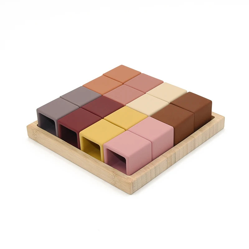 Wholesale Early Education Silicone Baby Puzzle | Stacking Building Blocks Toddler Toys Bamboo Wood Bottom Baby Sensory Toys Gift