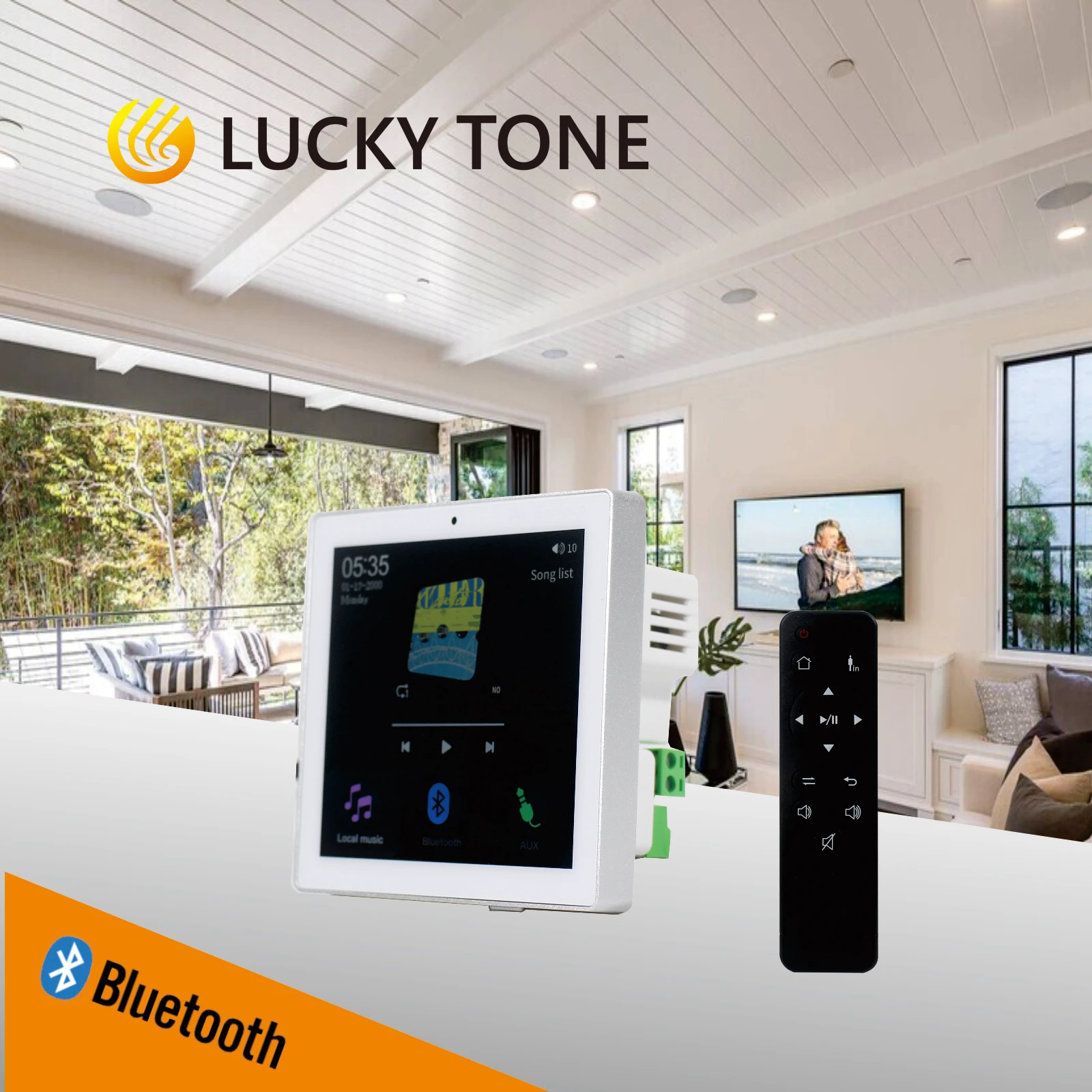 Wall amplifier 2*25W equipped with bluetooth,USB/TF,  FM Radio and RS485 protocal, 4 inch Touch Screen  New UI