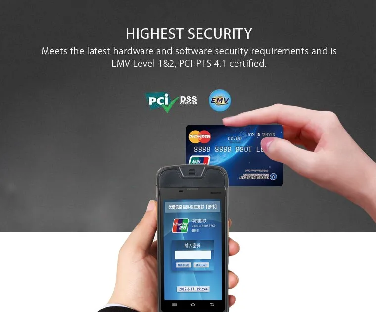 Removable 5000mAh battrry mobile payment device with 30/40mm OD thermal printer inside and 1d2d barcode scan sensor 5 ' screen