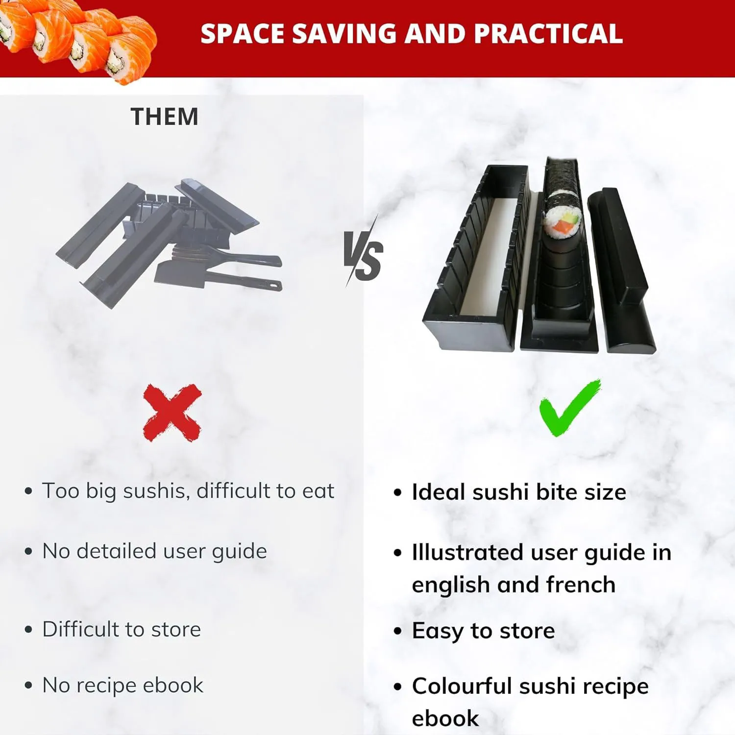 Sushi Maki Maker Complet Fabrication  Coffret Avec Bambou Couteau Japonais Baguettes Moule