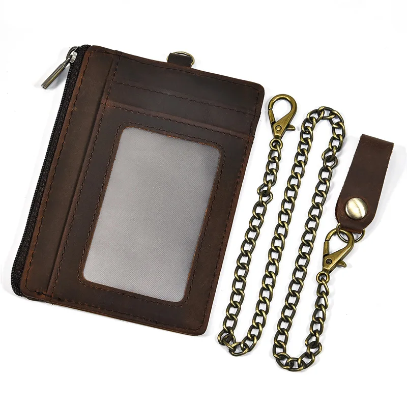 Genuine Leather Card Holder for Men Male Retro Crazy Horse Chain Anti-theft Wallet Coin Purse Keychain