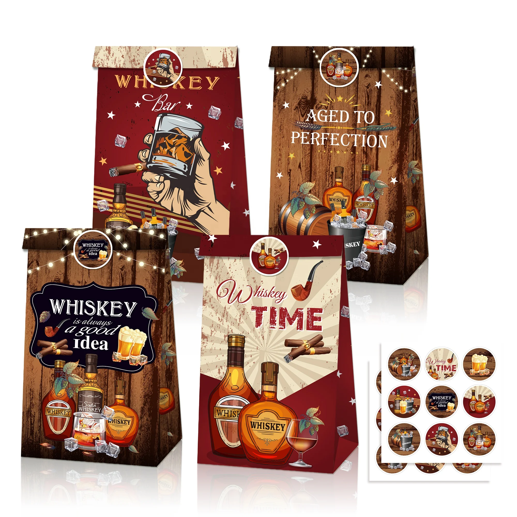 Huancai whiskey beer 12 pcs paper gift bag kids candy goodies treat bag with stickers for aged to perfection party decorations