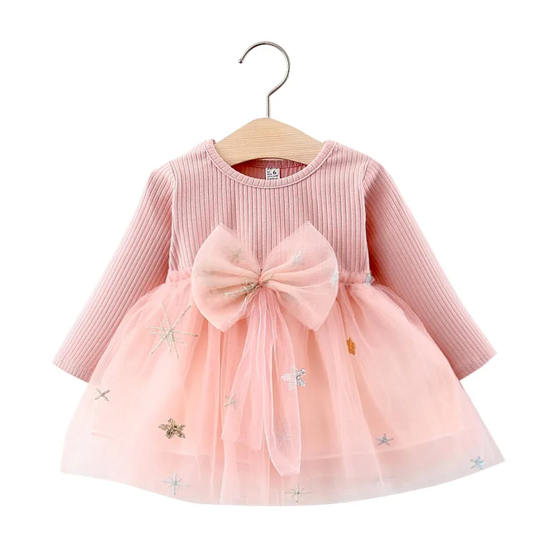 Bear Leader 2020 Autumn New Children Mesh Patchwork Princess Dress with Bowknot Baby Girls Solid Fashion Style Casual Dress