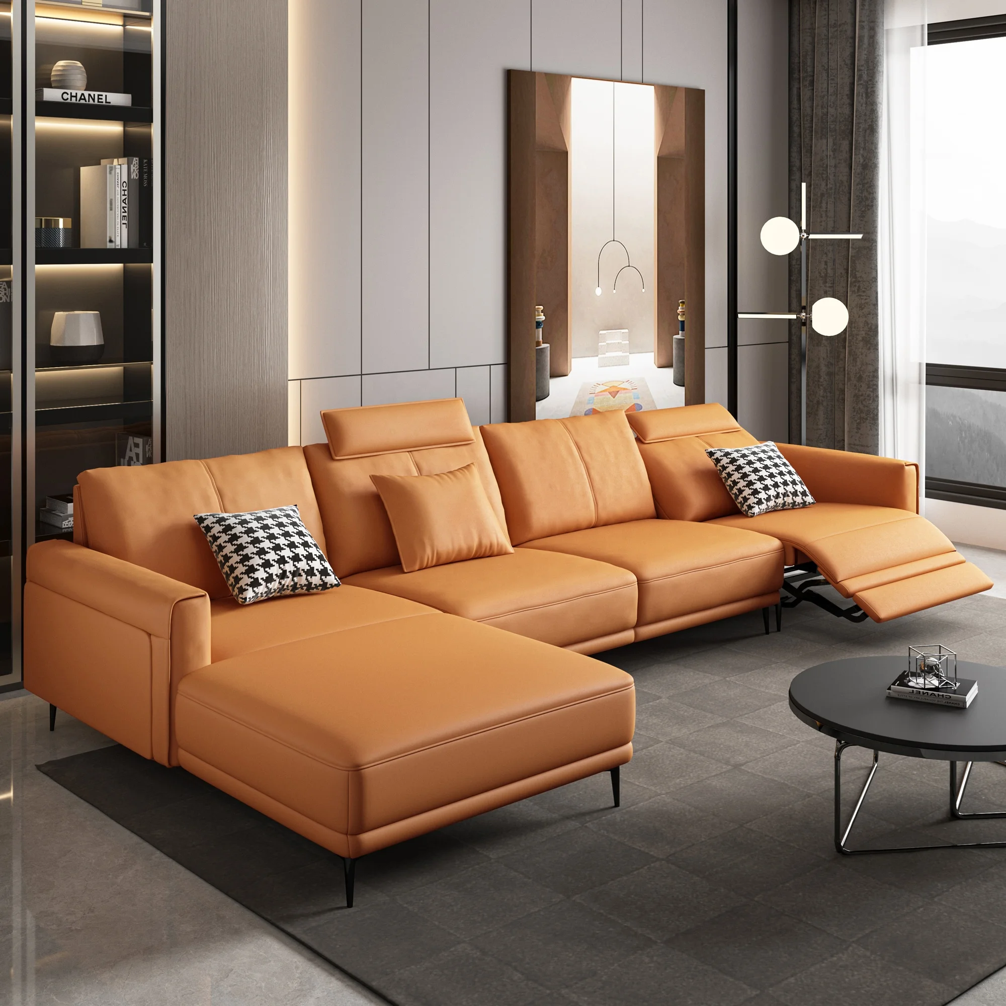 wholesale L shape recliner sofa  living room furniture Orange grey leather electric massage function sofa