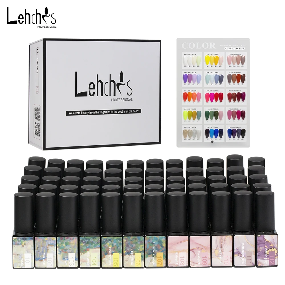 Lehchis 60 Colors Nails UV Gels Manicure Label Bottles Primer Rubber Base Top Coat Nail Art Kits Professional Gel Polish Set Box