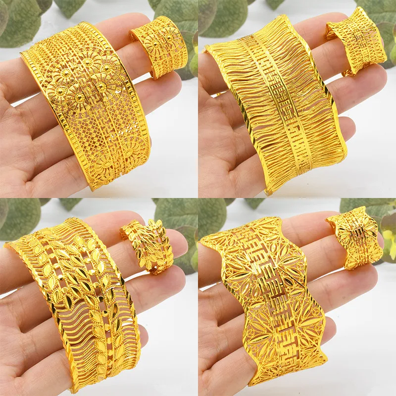 24K Gold Cuff Flower Bangle Ring For Women Moroccan France Dubai Luxury Copper Bracelet Jewelry Nigerian Party Wedding Gift