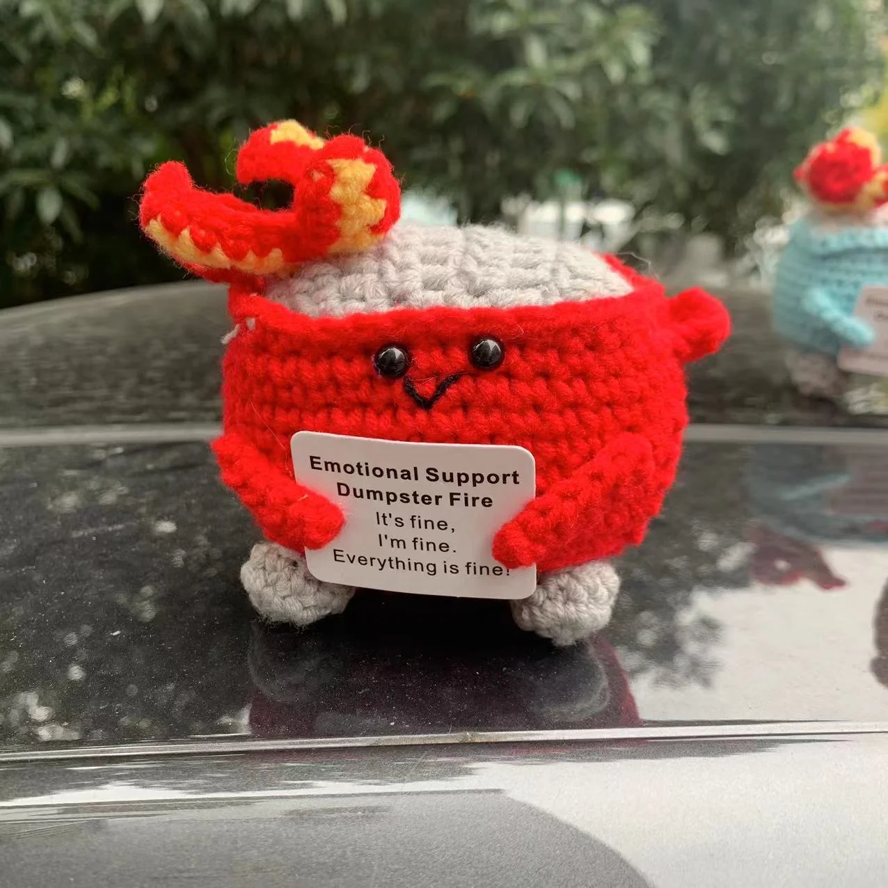 Handmade Knit Decoration. Cute Crochet Fire Extinguisher Box Emotional Support Dumpster Fire Fun, Inspirational Gift Home Decor