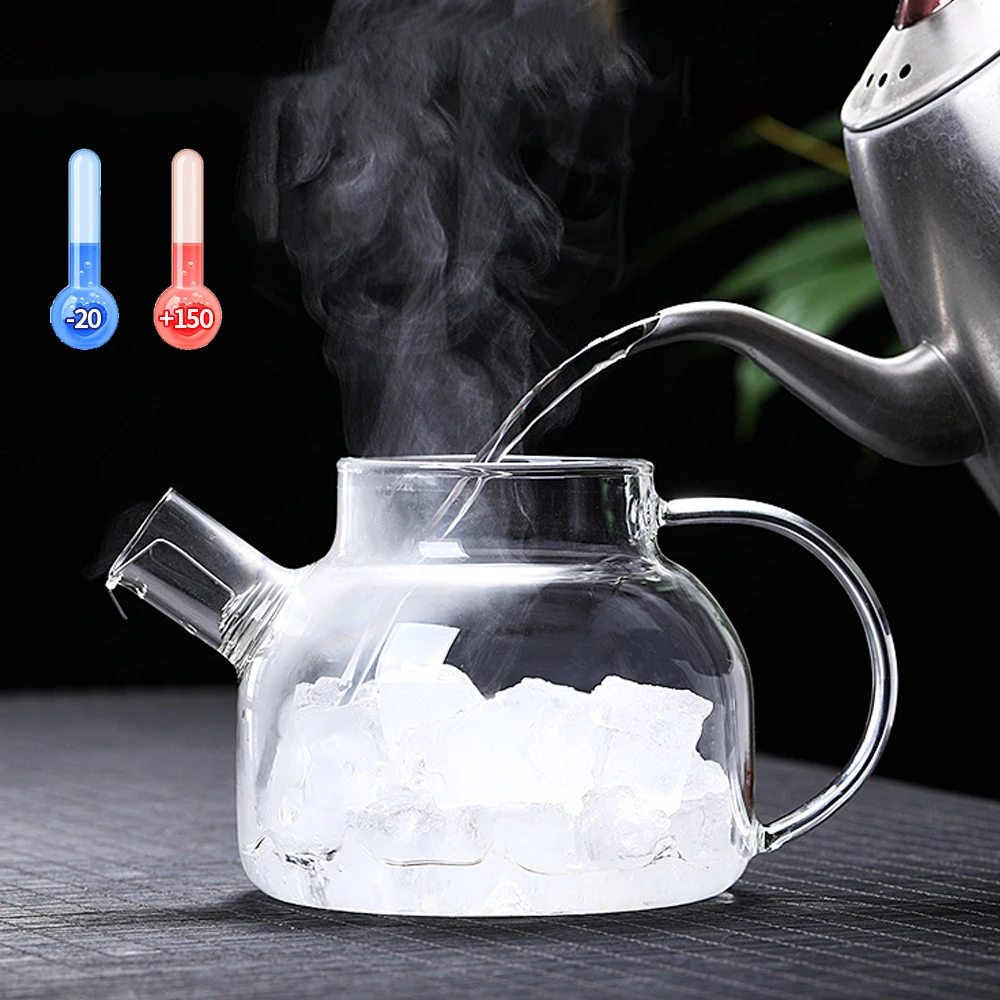 Large Capacity 1000ml  Handmade High Borosilicate Heat Resistant Clear Glass Teapot With Bamboo Lid With Glass Handle