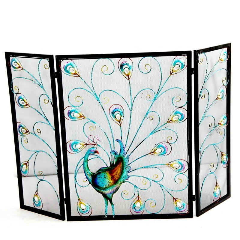 FUHUA freestanding 3 Panel Heavy Duty metal Fireplace Screen peacock fire screen