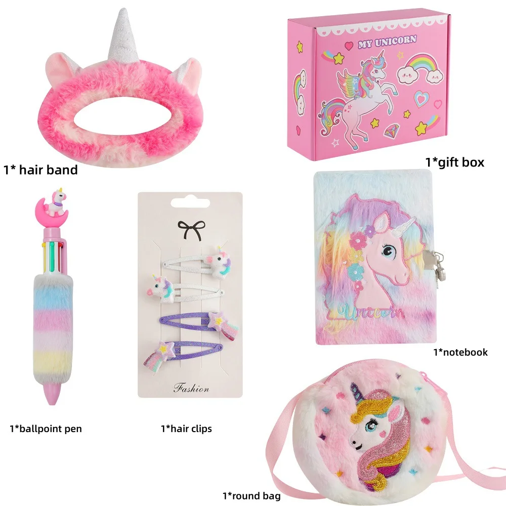 2024 New Products Unicorn Toys Headband/ Soft Plush Toys Set for Girls Birthday Gift Box with Lock and Keys Notebook