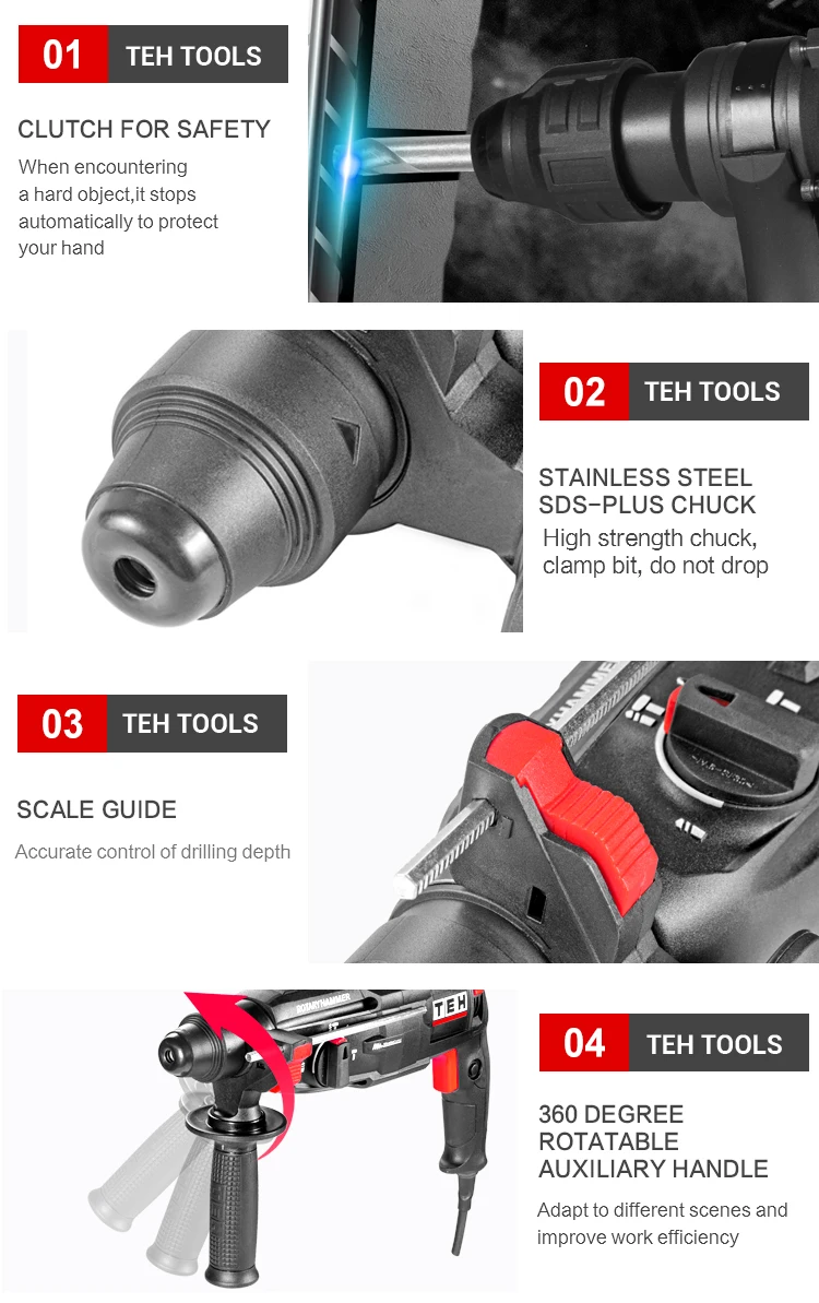 TEH Multifunction Mode Selector Impact Energy Powerful Bulldog Rotary Hammer SDS Plus Drill