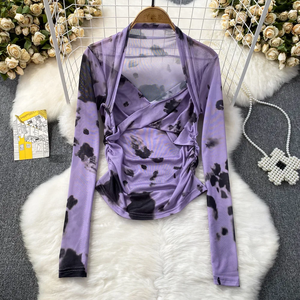 Summer Transparent Tie Dye Women Long Sleeve T-shirts Tops Girls Stretchy Mesh Sheath Tee Shirts Blouse Top