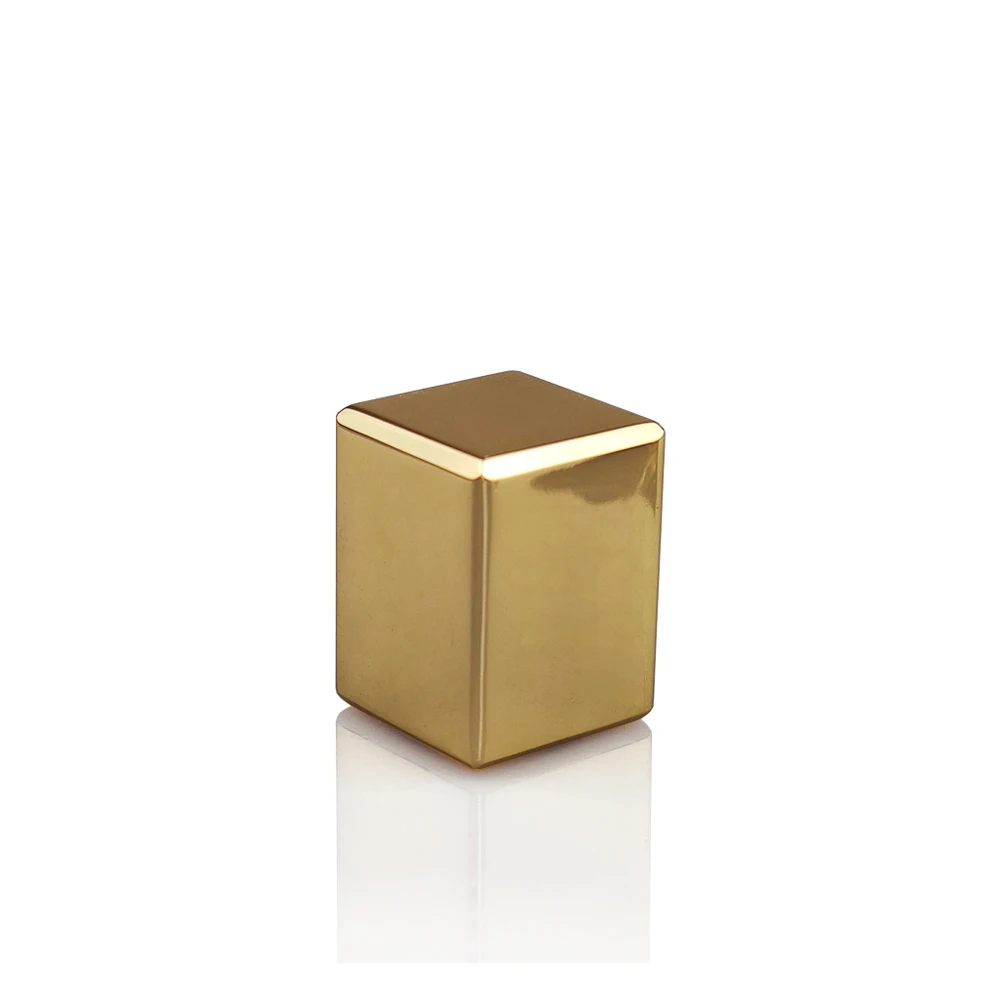 Customised logo on top side 15 fea tall cube shaped luxury shiny gold metal zamak perfume bottle cap