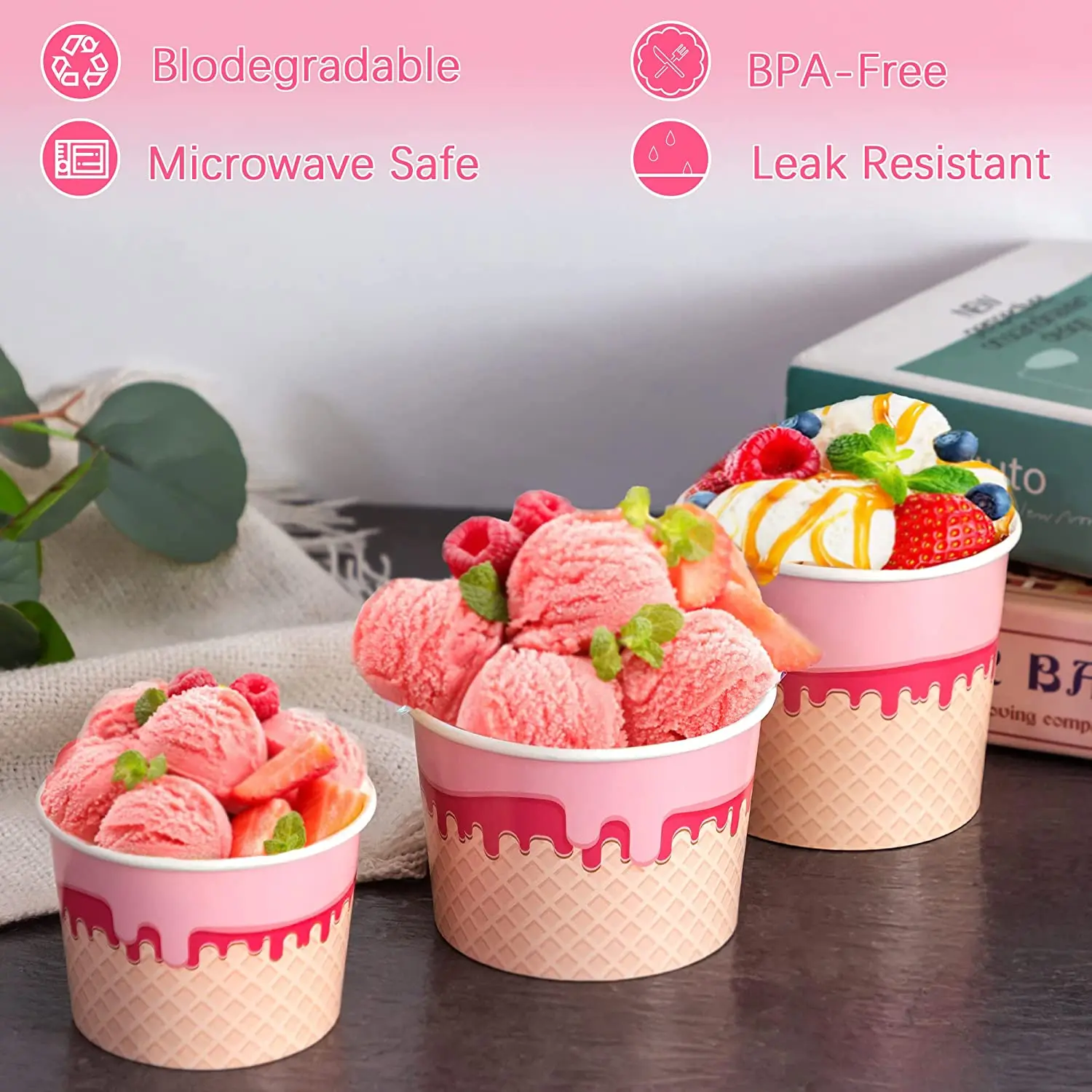 Disposable 4oz 6oz 8oz 12oz 16oz pink dessert cups  ice cream takeaway paper sundae cup with personal logo