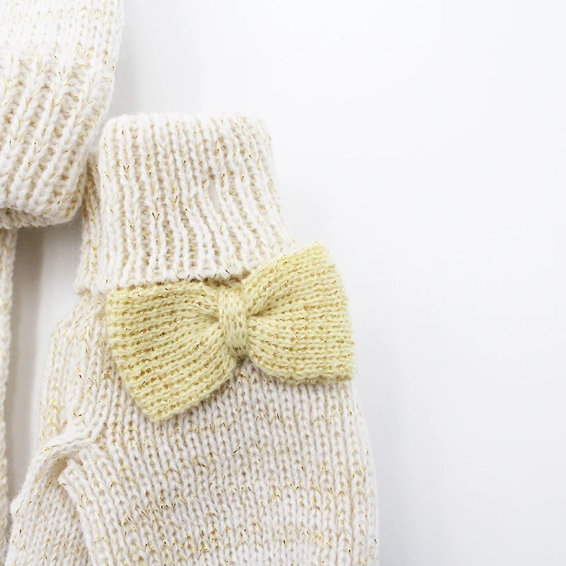 Мягкая теплая вязаная детская шапка бежевый шарф комплект перчаток и теплый тепловой комбинированный шапки шарфа зимний для девочки