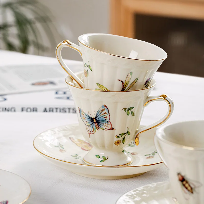 Best Selling Ceramic Natural Style Insect Pattern Pastoral Style Coffee Tea Cup and Saucer Set