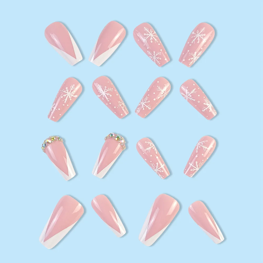Wholesale Christmas diamond nails full cover long french ballerina artificial nails false long fake nails with glue
