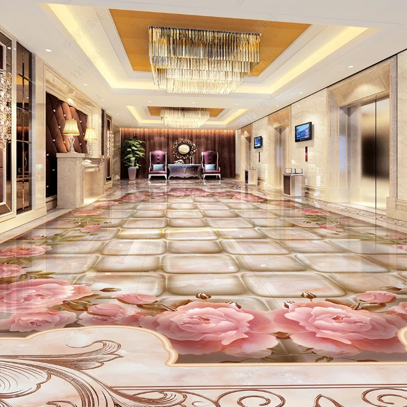 Printing 3d Floor Stickers Marble Pattern Wallpaper For Bedroom Walls Mosaic Romantic Pink Rose Floor Sticker Waterproof