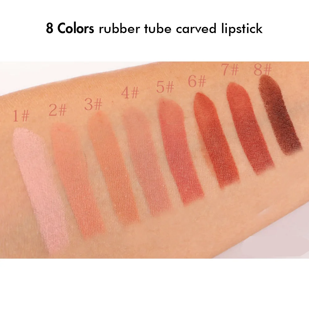 popular hot sale 8 colors rubber tube high pigment carved cute pink waterproof long lasting Korea makeup nude lipstick