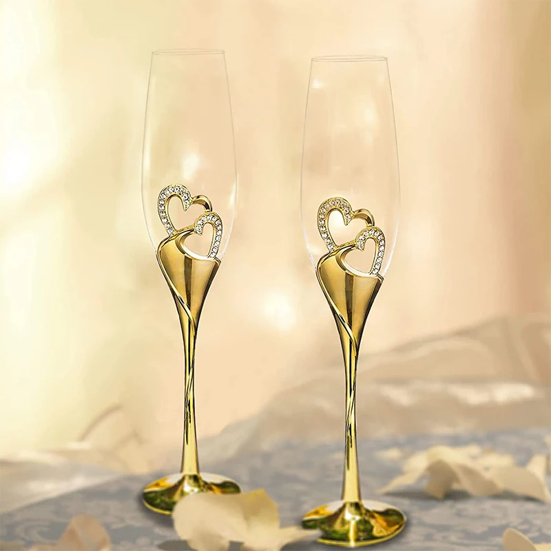 Gold Crystal Glass Diamond Encrusted Goblet Stylish Creative Bling Cup Couple Set Metal Champagne Glasses Wedding Zinc Alloy
