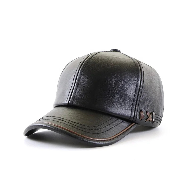 Custom 100% Pu Fabric Baseball Hats Leather Men Sunshade Baseball Cap With Plaid Leather Hat Autumn Winter Cap For Men
