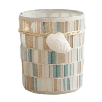 Стеклянная банка для свечей для домашнего декора, подарок, средиземноморский синий стеклянный подсвечник из ракушек и мозаики