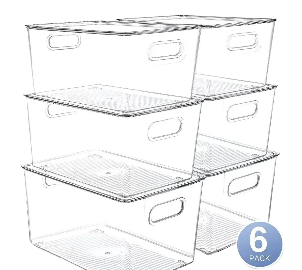 Set Of 6 Plastic Storage Clear Stackable Pantry Organizer Box Bin Containers With Lid