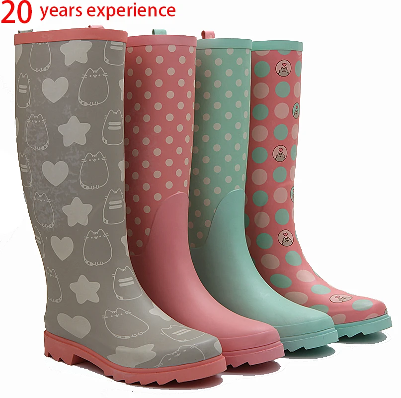 ladies women adult high heel knee high comfort custom print waterproof fancy rubber wellington rainy shoes rain boots for girls