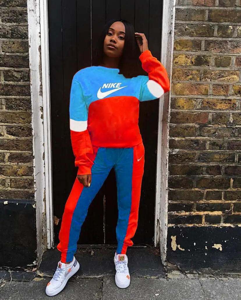 Hot Sale Keep Warm Patchwork Contrast Color Nike Long Sleeve Fitness Women Matching Yoga 2 Piece Pants Set Crewneck Sweatsuit