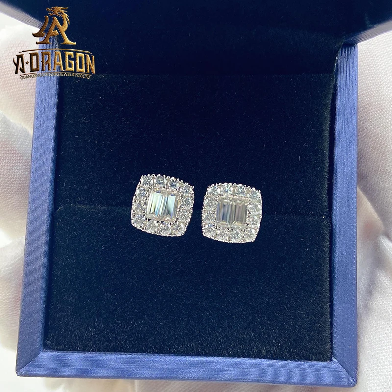 VVS Stud Moissanite Earrings Factory Wholesale Pass Diamond Test Bling Ice Out Square Buagette Brilliant Cut 925 Silver Jewelry