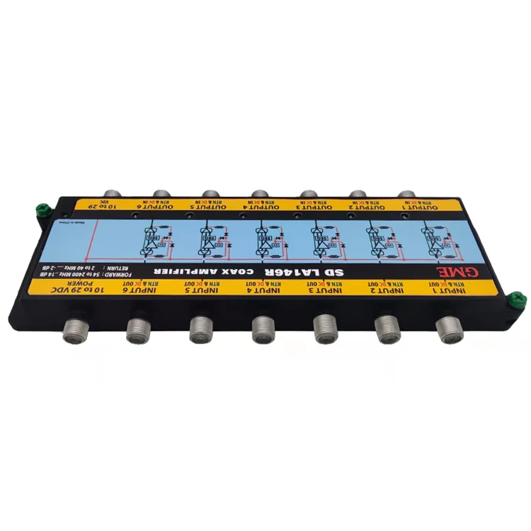 High Density 6 Input Indoor / Outdoor 54 -2400 MHz 14dB DBS / ATSC Satellite Line Powered Coax Amplifier