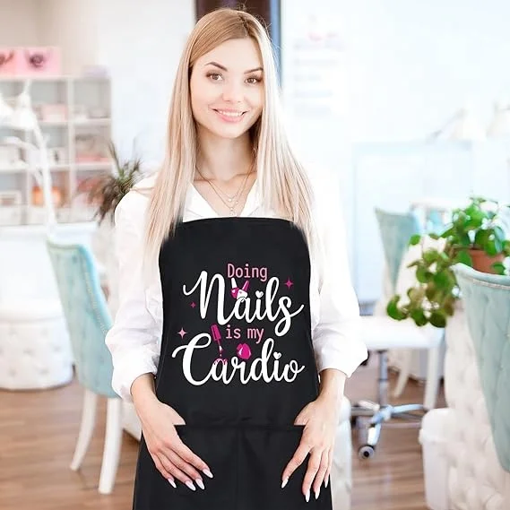 Beautiful custom logo black advertising polish salon nail tech aprons 2 big pockets beauty salon apron digital printing