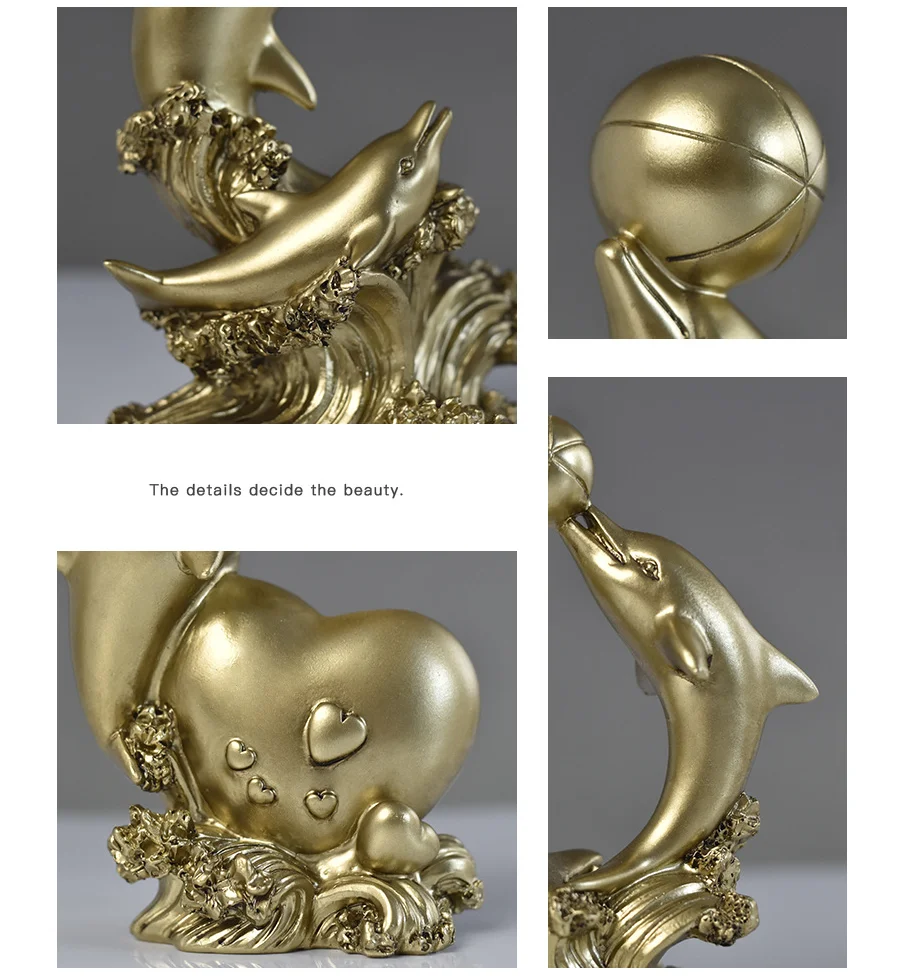resin craft small dolphin sculpture for home office decorative artificial gold resin dolphin statue figurine art home decor item