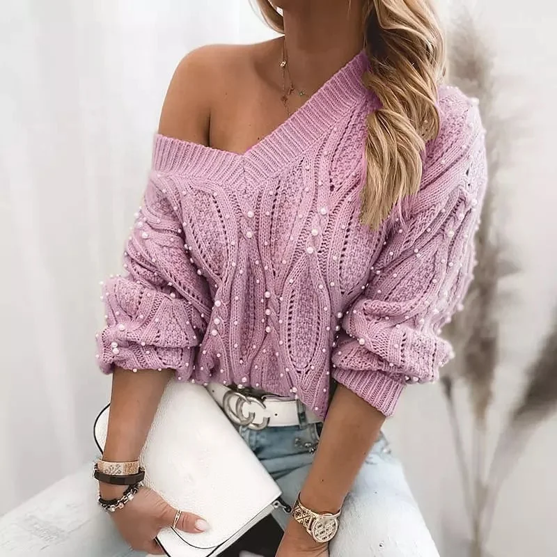 2022 women sexy sweater off shoulder pearl rhinestone sweaters