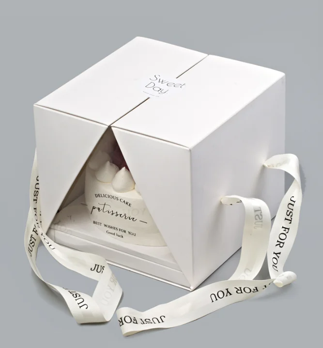 Luxury Front Clear Window Gift Box Custom Rigid Cardboard Baking Packaging Mini Cake Box With Ribbon Handle