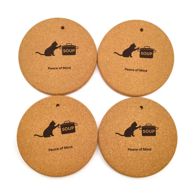 Economical custom design recyclable round pad kitchen pot holder round blank natural cork case coaster cork cat coaster