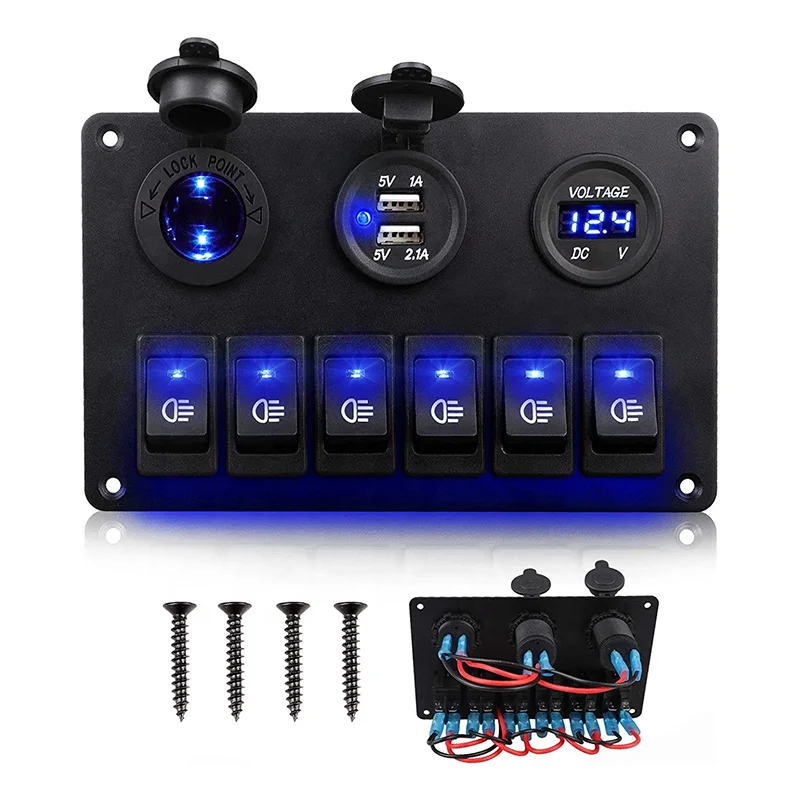 DC 12V Dual USB Charger Digital Voltmeter Waterproof Boat Marine Rocker Switches 6 Gang Auto Switch Panel