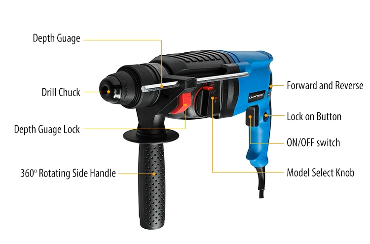 LUXTER 800W Hammer Impact Drill Power Electric Rotary Hammer 1PC Flat Chisel 1PC Point Chise