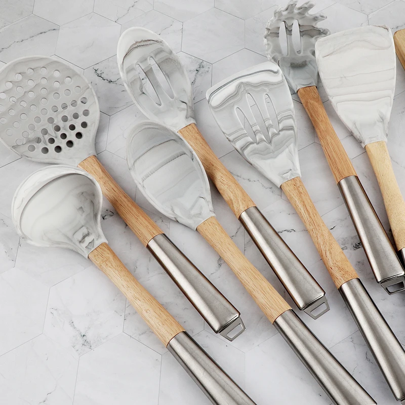 Durable Quality Marble Silicone Cooking Set With Wooden Stainless Steel Handle Silicone Kitchen Utensils Set