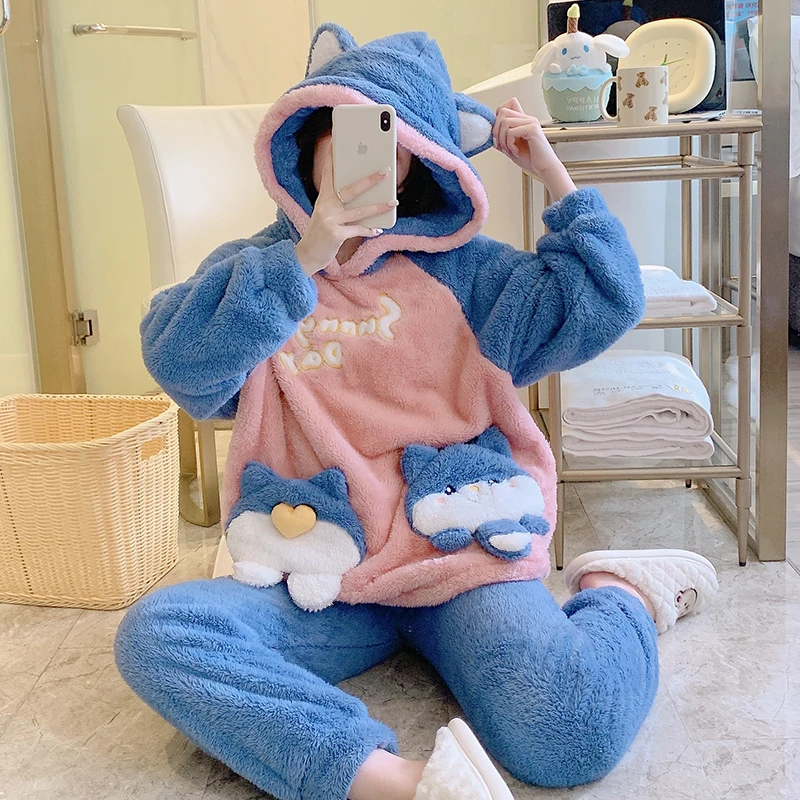 New flannel 2pcs pajamas for women cute cartoon hooded pijamas polar leisure winter sleepwear sets