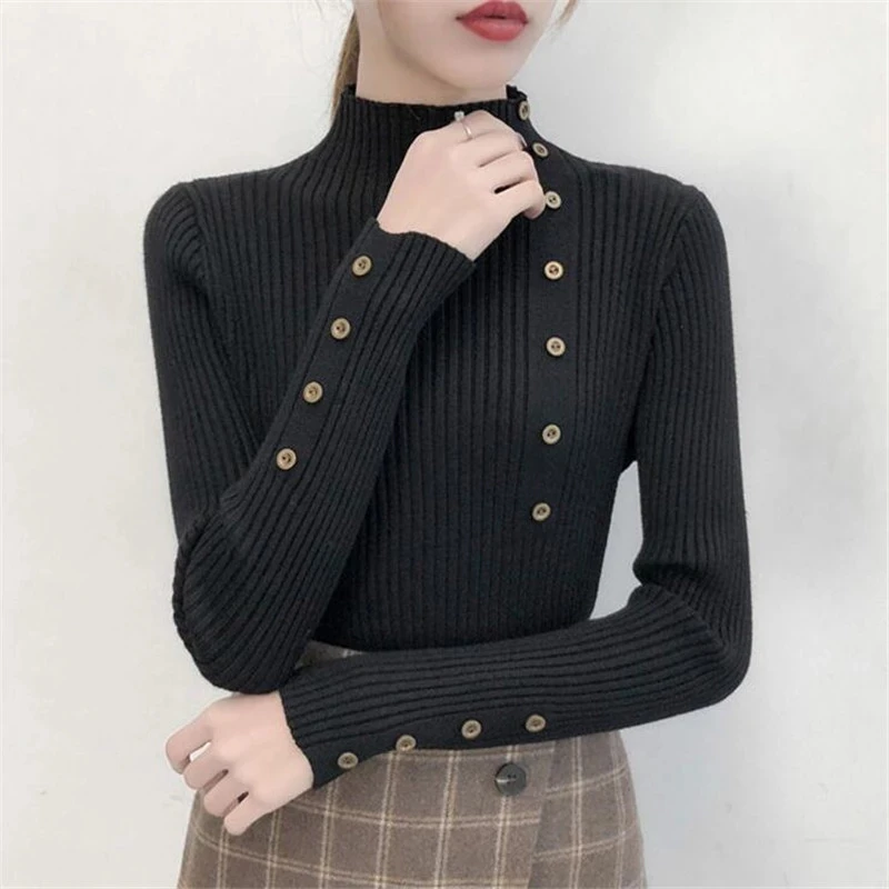 K105 Women Knitted Slim Sweaters Solid Knitted Female Cotton Soft Elastic Color Pullovers Button Full Sleeve Turtleneck